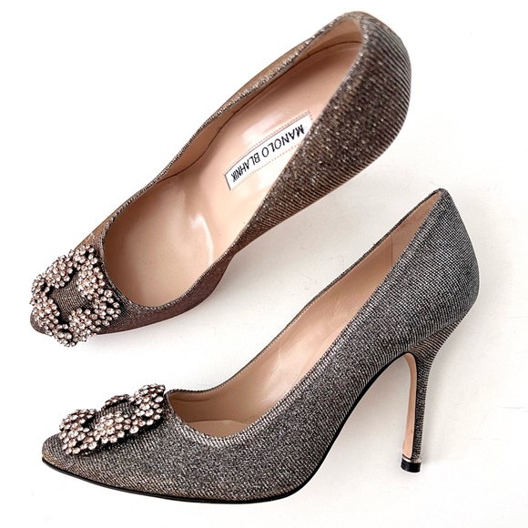 MANOLO BLAHNIK | Hangisi Dark Gold Glitter Fabric Jewel Buckle Pumps EU 37 US 7 - Picture 3 of 14
